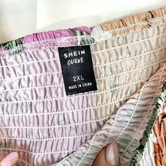 Square Neck Shirred Smocked Peach and Pink Floral Midi Dress 2XL - Picture 4 of 7